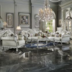Dresden Antique White Sofa Living Room Set, Traditional Antique White Sofa Set, Sofa / Loveseat / Chair / Coffee Table 