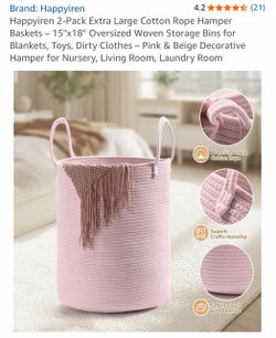 Woven Cotton Rope Hamper Baskets - 15"x18" pink