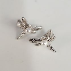 925 Sterling Silver Dragonfly Pearl stud earrings nature inspired vintage style