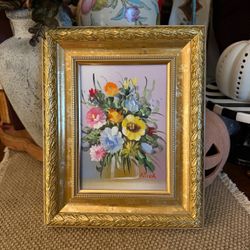 R. Cox Signed Floral Oil Painting in Gold Frame