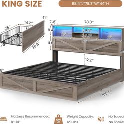 Farmhouse Bed Frame King Size with Bookcase Storage Headboard, Charging Station and LED Lights, Wooden King Bed Frame with 4 Drawers, Barn Door Design