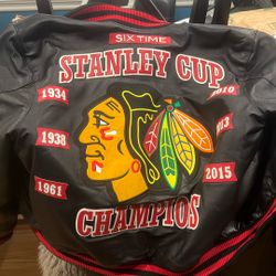 JH DESIGN CHICAGO BLACKHAWKS 6 TIMES STANLEY CUP CHAMPIONS LEATHER JACKET