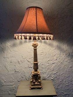 Set of Two (2) Vintage Gold Cast-Metal Footed Cherubs/Angels Hollywood Regency Table Lamps (Height: 36-1/2”)