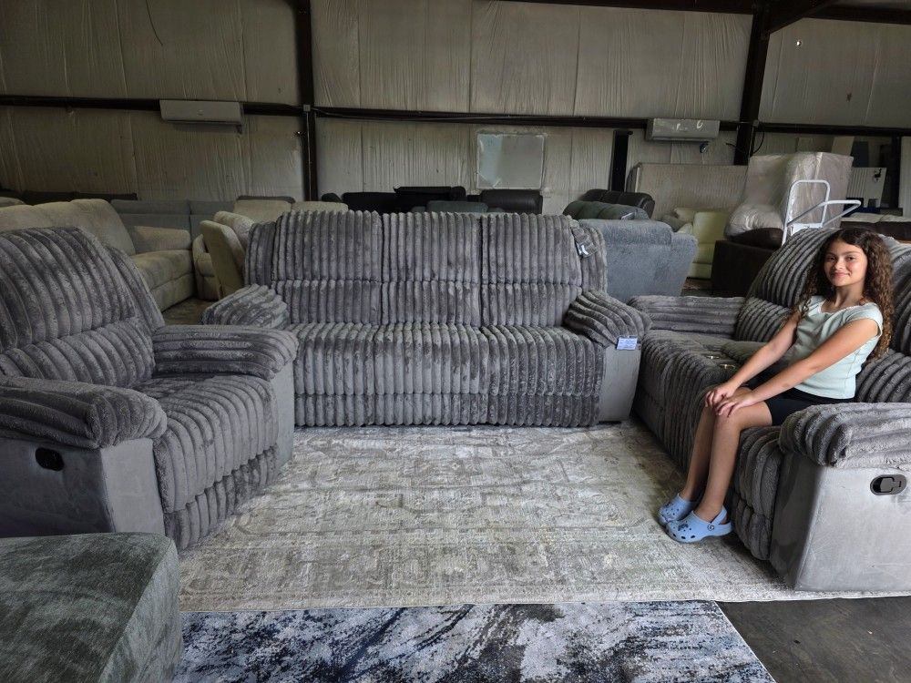 Brand New Lifestyle Cord Grey Manually Reclining 3pc Living Room Set with Rocker Recliner