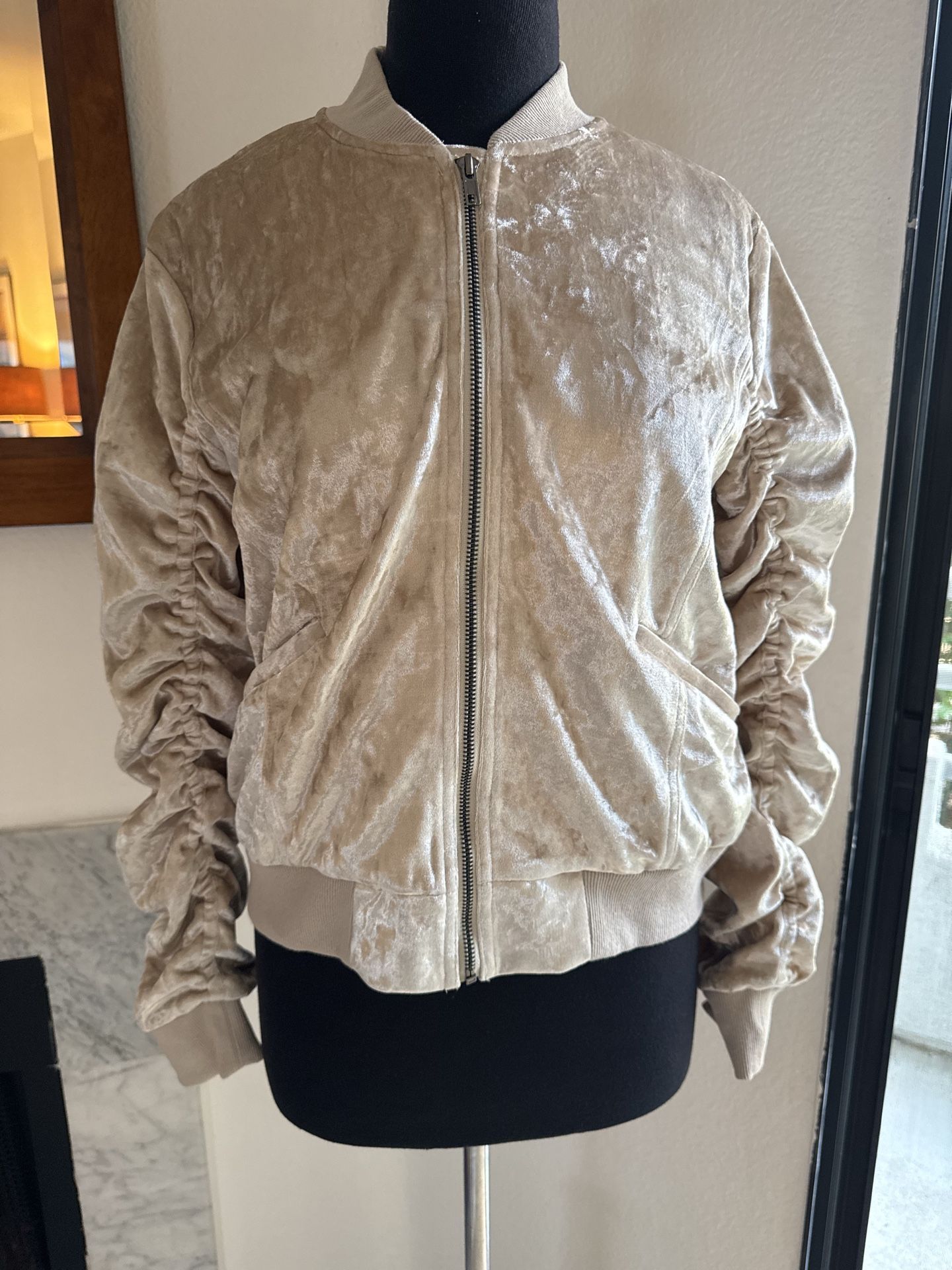 Champagne Velvet Ruched Sleeve Bomber Jacket Boho Layer- Festival Coachella ready