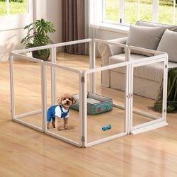 DoCred Clear Dog Playpen Indoor, Foldable Dog Play Pen for Puppies, Cat and Small Animal, 26 Inch Transparent Pet Puppy Playpen, 8 Panels, White Alumi