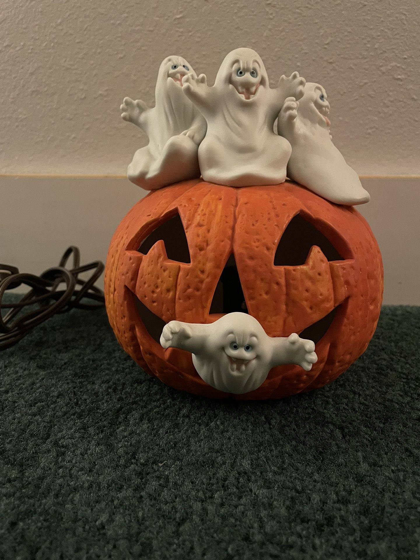 Vintage Ghost Pumpkin Jack o Lantern Ceramic Light Up Halloween Decor ...