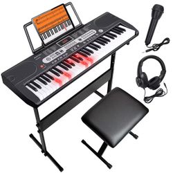 SKONYON 61 Key Electronic Keyboard Piano for Beginners Musical Keyboard with Lighted Keys, Piano Stand, LCD Screen and 3 Teaching Modes