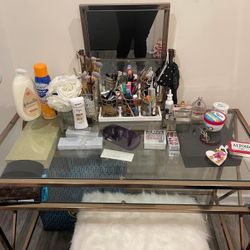 Gold Vanity with Mirror and White Fur Stool - Perfect Condition!