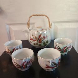 Vintage Japanese Flight of Fortune Cranes Lustre Tea Pot Set