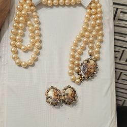 Vintage Jewelry Set Menorca Champagne Pearl Brooch/Necklace W Earrings And Case