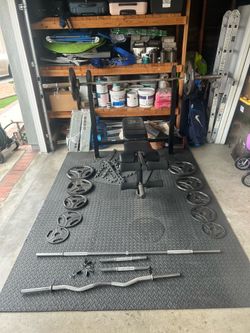 Marcy Home Gym Bench Press Set + 245 lbs Weights + Rubber Gym Mats - Complete Setup