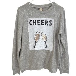Tru Self Truself Womens M Cheers Flip Sequin Sweatshirt Top Gray New Years