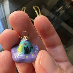 Cat alien space ship unique ceramic pendant with necklace made by CA based artist