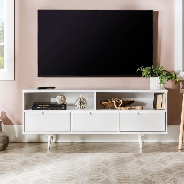 New Solid Wood White Mid Century Modern TV Stand Entertainment Center with Storage Drawers