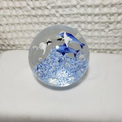 Art Glass globe sealife dophines and pelicans paper weight . 