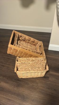 6 Piece Wooden & Straw Bin