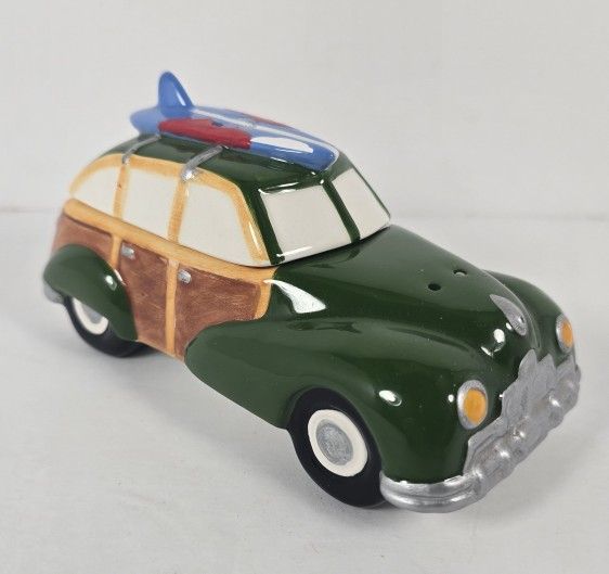 Clay Art Surf's Up Salt & Pepper Shakers Woody Car Surfboard Beach Collectible