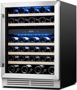 155  Yeego Wine Fridge Cooler - 24 Inch Dual Zone Wine Fridge Hold 52 Bottles, 40-65°F Wine Refrigerator Glass Door, Built in, Freestanding Under Coun