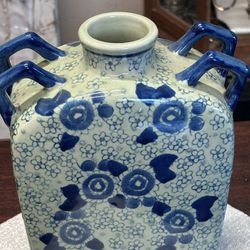 Rectangular Blue Vase W/handles Vintage Home Decor 