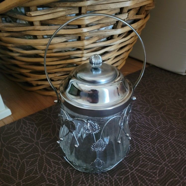 Vintage Clear Glass Biscuit Candy Jar Music Box Lid Silver Metal Leaves Japan