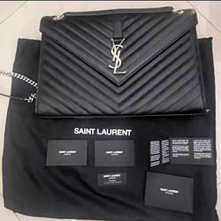 Saint Laurent Ladies Grain De Poudre Embossed Leather Envelope Chain Wallet
