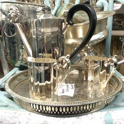 Silver Tea Set With Tray And Rooster Salt N Pepper Shakers