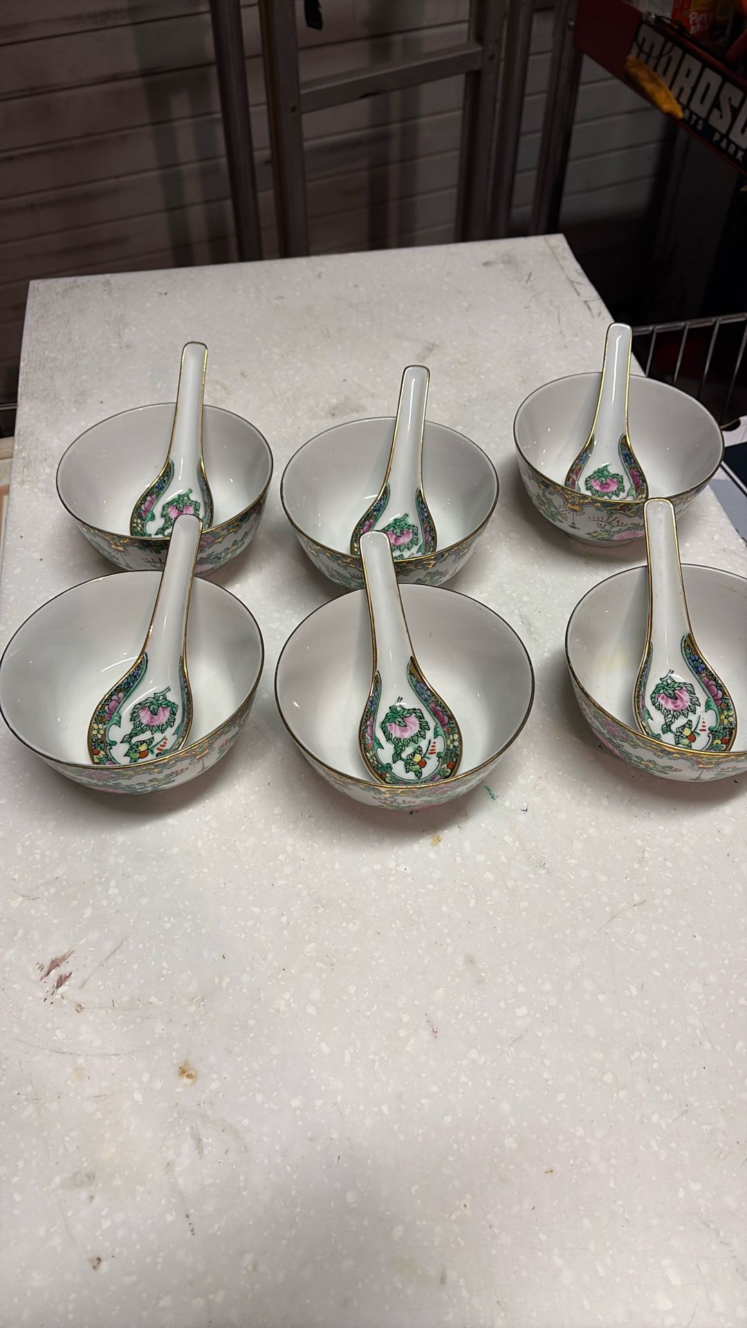 6 Hand Painted Porcelain Chinese Bowls With Spoons