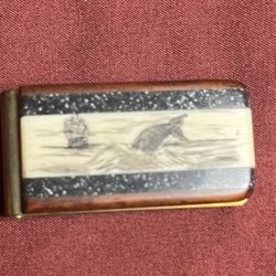 Vintage Scrimshaw Piano Key Ivory & Brass Ship On Sea Money Clip