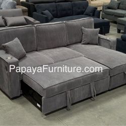 New! 89” Reversible STORAGE Chaise Grey Sectional Sofa Bed Sofabed Set Sleeper Sofa Gray Couch Pullout Small Living Room Space Saving Apartment USB