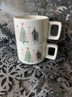 2X 9oz Ceramic SPECKLED TREES w BOWS Christmas Coffee Mugs 3.75" Sq Handle