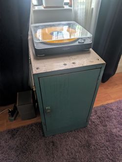 Vintage Teal Steel Cabinet — Record Storage / Nightstand / Shop