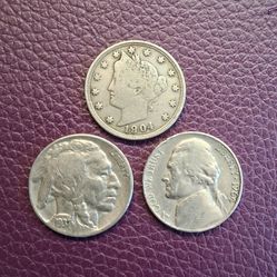 1904-64 Nickel Coins, Liberty Head +Buffalo + Jefferson, 5 Cents