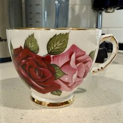 Vintage Royal London Bone China Tea Cup ONLY Pink and Maroon Large Roses w/ Gold Trim