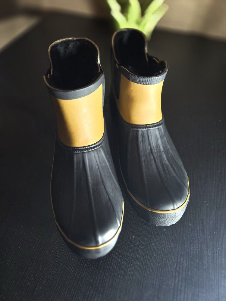 Chooka Boots Women's Sz 9 Chelsea Rain Waterproof Plush Lined Black Brown Rubber