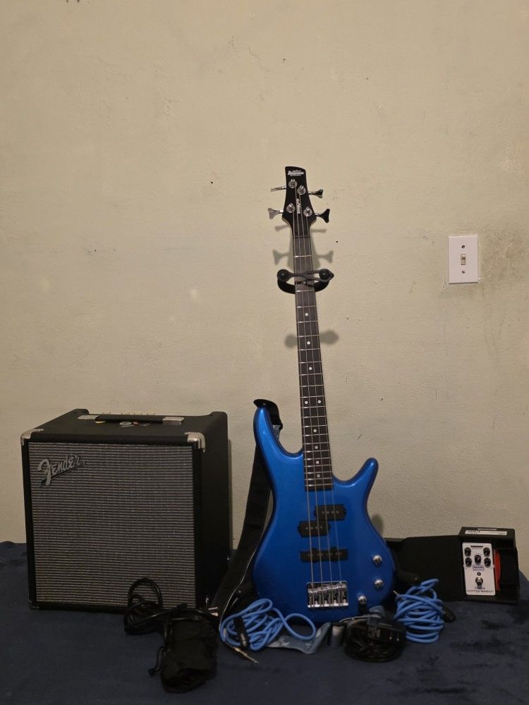 Ibanez Mikro Bass, Stand, Fender Amp And MXR Pedal For Sale.