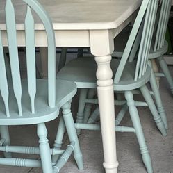White dining table with 4 chairs Seafoam Green. Table is 3’ x 5’ all solid Wood.  Sherwin Wiliams emerald paint 