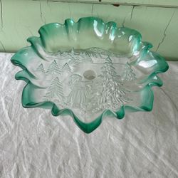 Mikasa Green Trim Frosted Glass Christmas Story Spruce Footed Bon Bon Dish 9.75"