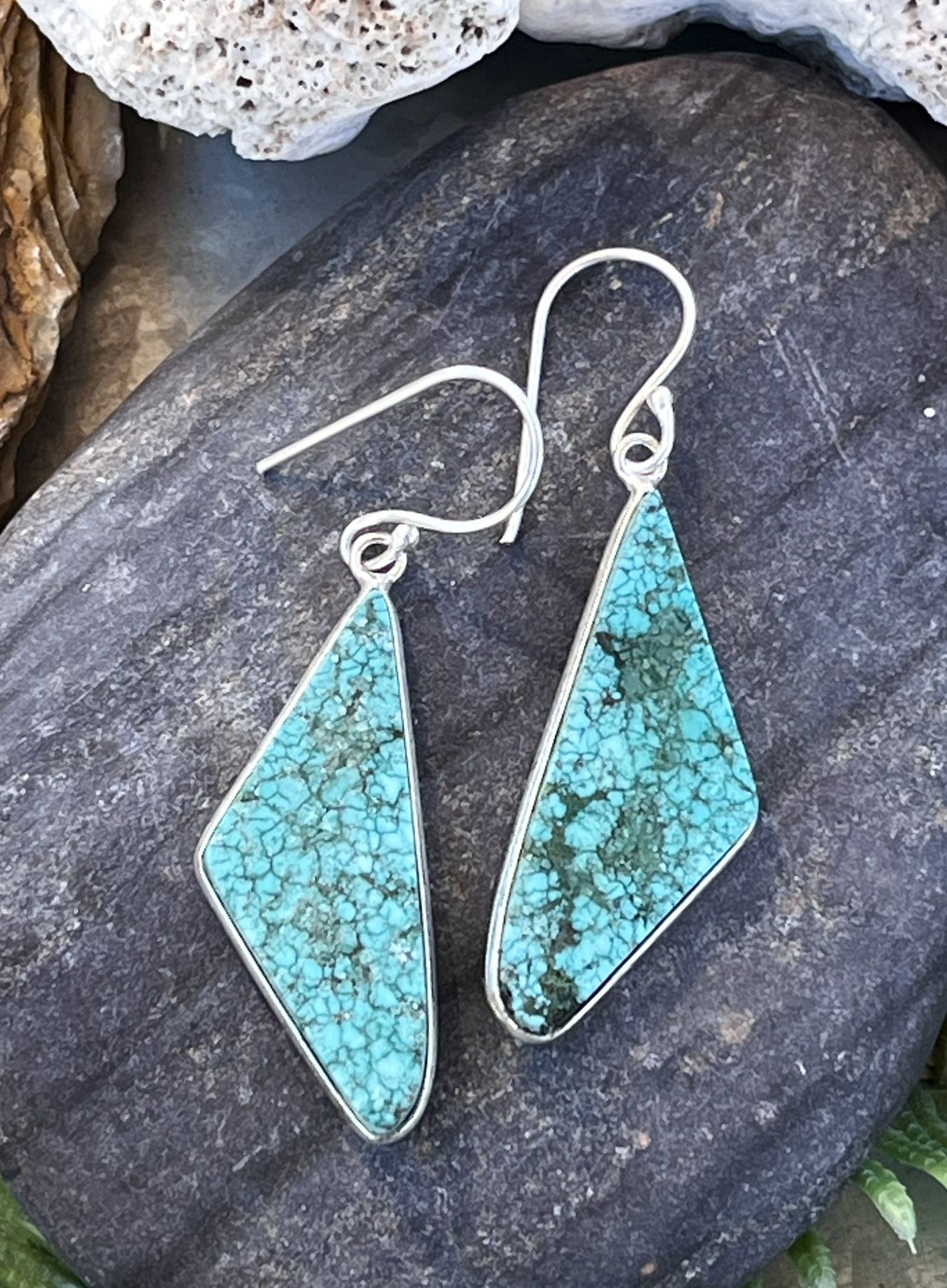 Triangular Natural Turquoise Gemstone Sterling Silver 2.3” Earrings
