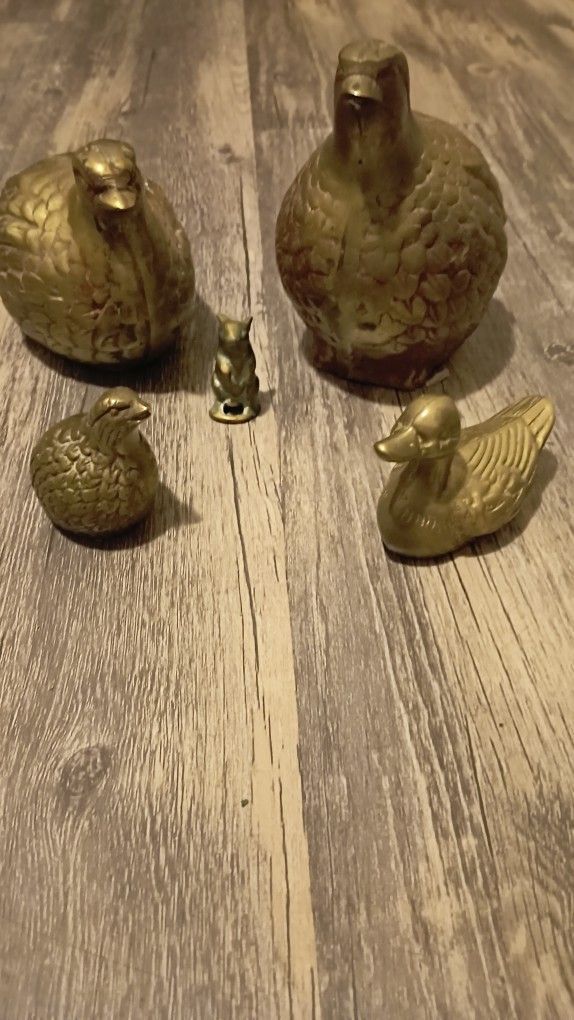 Brass Quail Family, Duck, And Mouse Figures