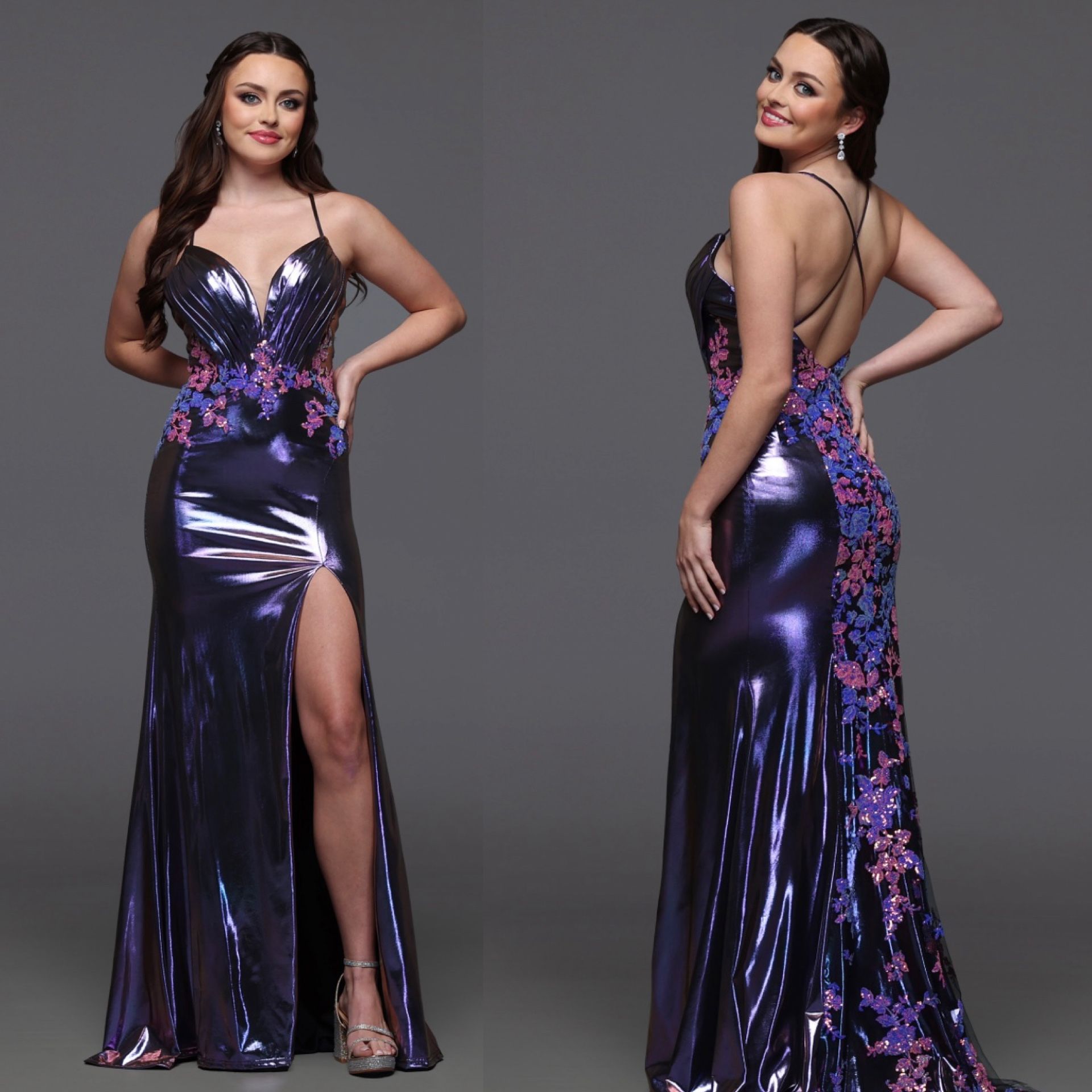 New With Tags Candice Wang Purple Metallic Stretch Long Formal Dress & Prom Dress $220
