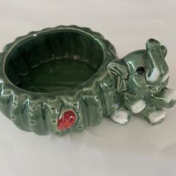 Majolica Baby Elephant Trunk Up Planter LUCKY BAMBOO 6.5" Round Green 
