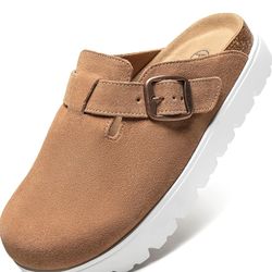 Women's Suede Clogs Non-Slip Potato Shoes Slip-On Mules Platform Sandals with Arch Support Adjustable Buckle Size 7-7.5
