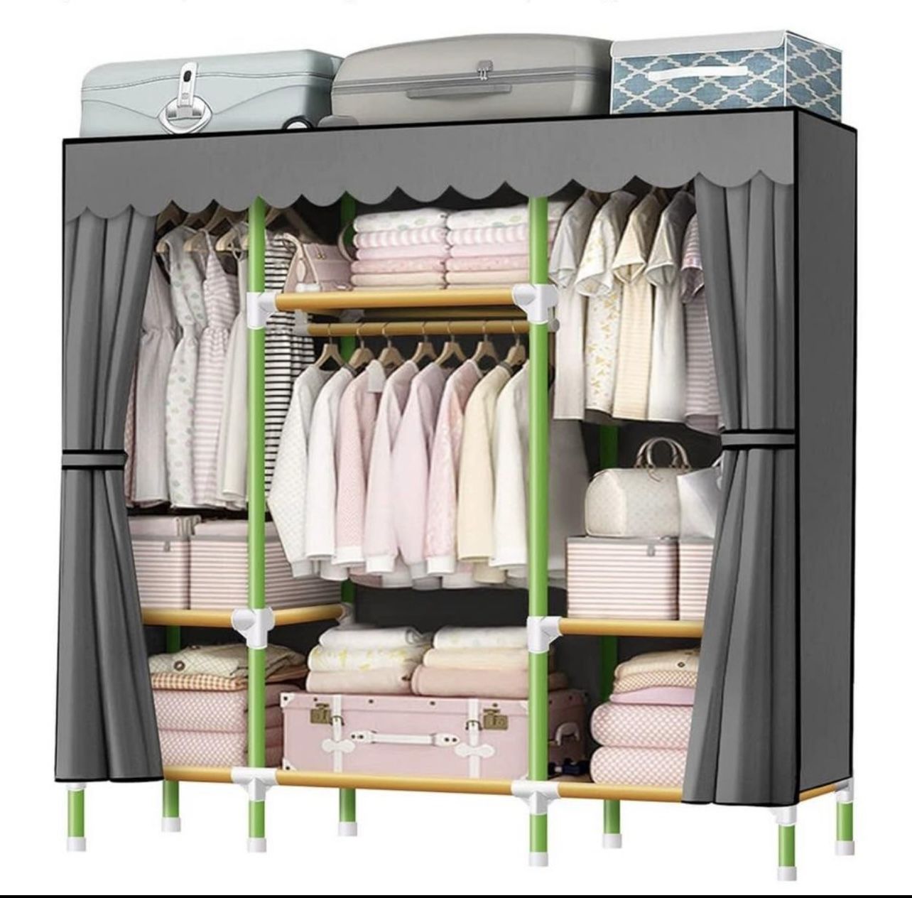 Portable Closet 57 Inch Wardrobe Closet Clothes Organizer with 3 Storage Shelves and 3 Hanging Rods, Cloth Closet of Colored Rods Grey Cover Quick and
