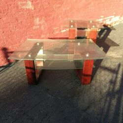 Glass and Wood Coffee and End Table Set