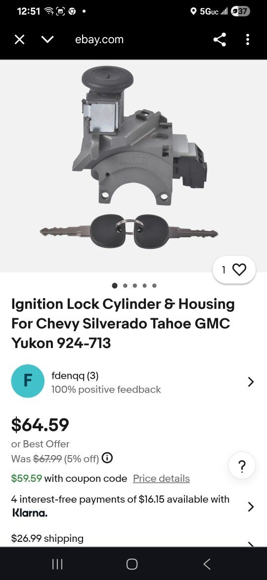 Chevy Ignition Switch W Keys Silverado, Yukon,Tahoe Brand New