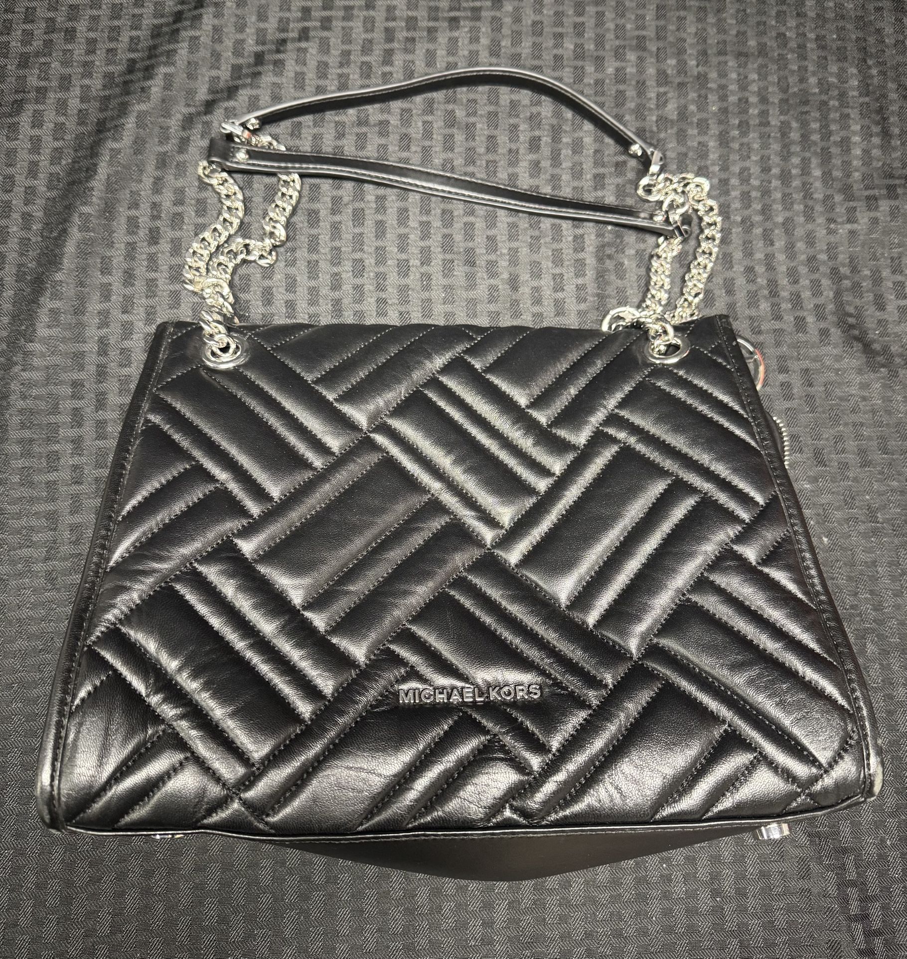 Black Michael Kors Quilted Leather Purse with Silver Chain