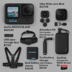 GoPro HERO13 HERO 13 bundle Adventure Kit Head Strap Handler Chesty Chest Performance Mount Battery Charger Magnetic Case Ultra Wide Lens Ultrawide