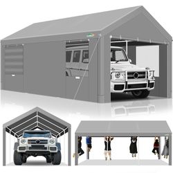 10x20ft Carport Heavy Duty, Portable Garage with Removable Sidewalls, Ventilated Windows & Built-in Sandbags, Waterproof Car Canopy for Truck, Boat, S