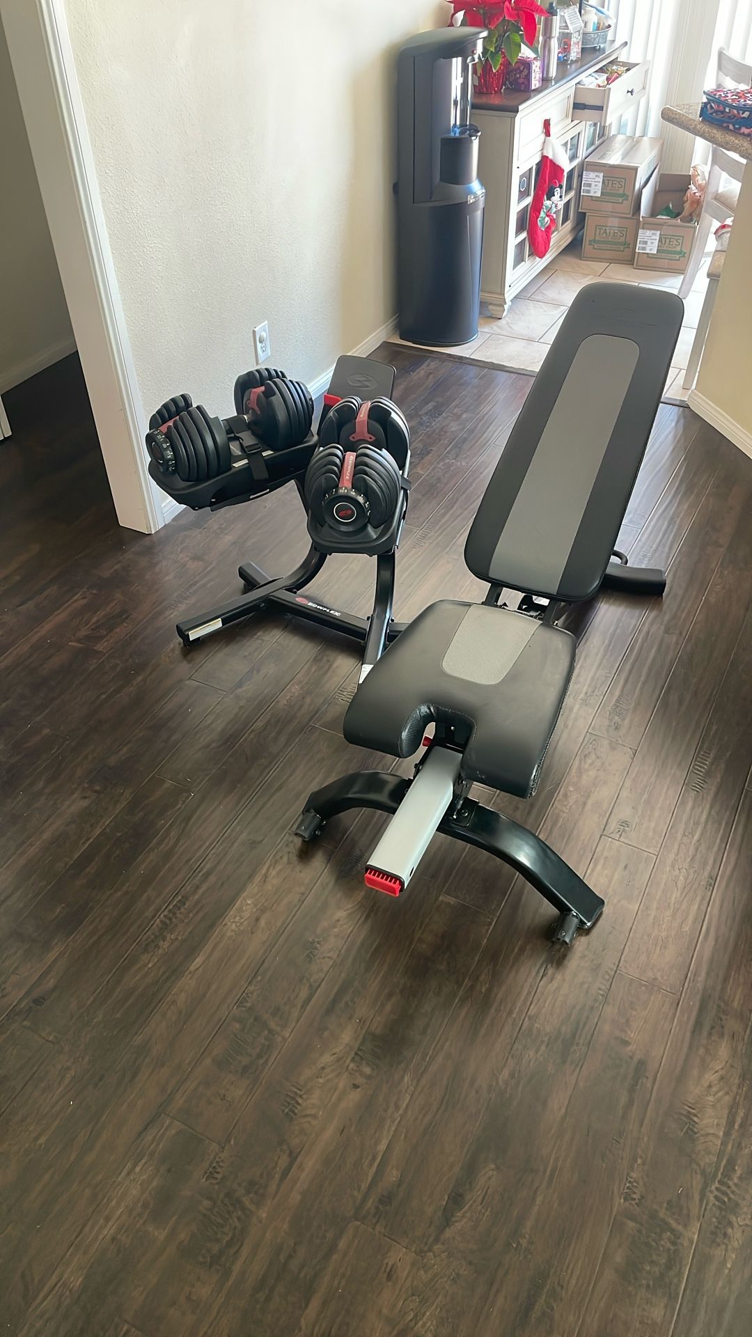 Bowflex Complete Set With Dumbbells, Stand And Bench. All Bowflex Brand.